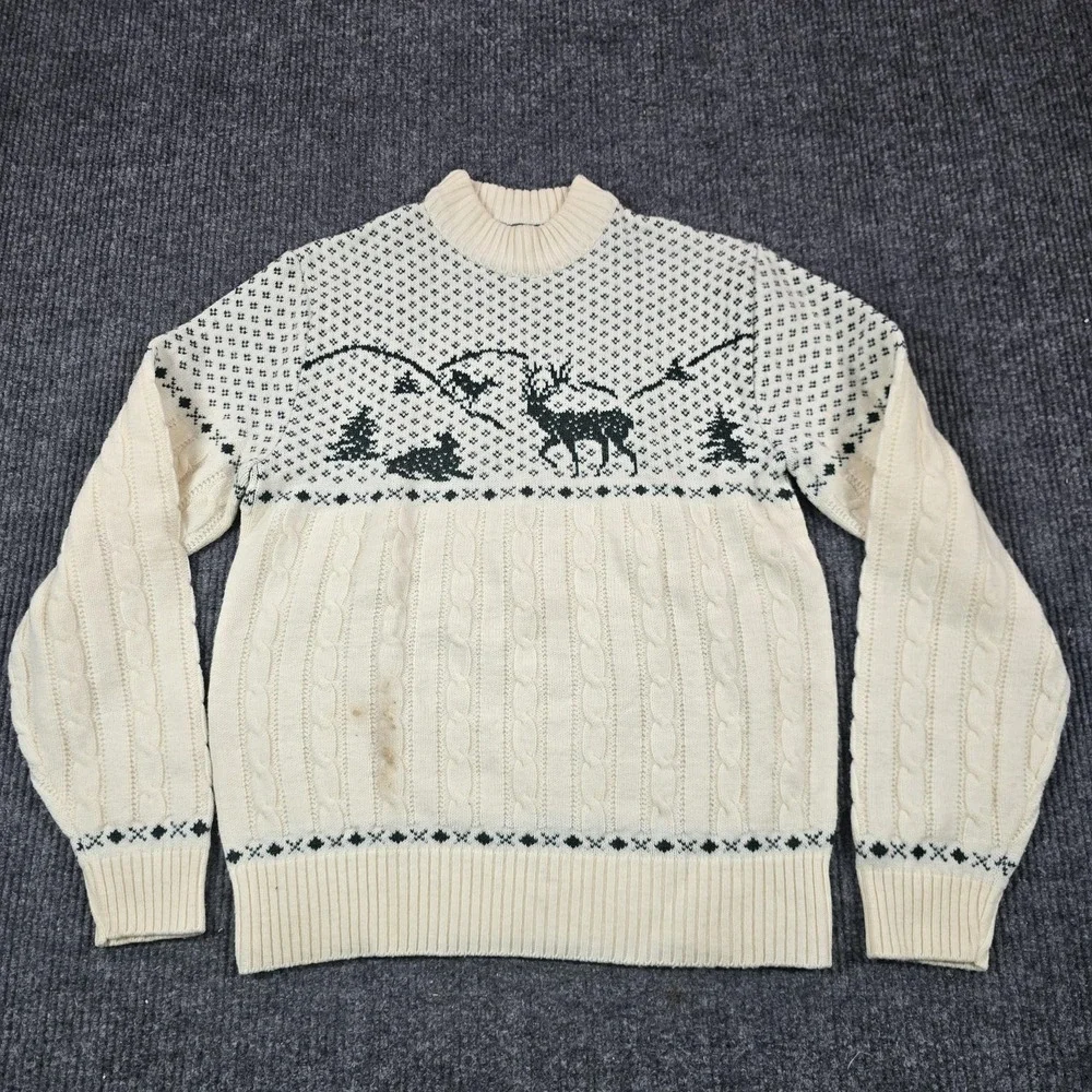 Vintage Jantzen Sweater Mens‎ XL White Reindeer Ski Cabin Cable Knit Pullover